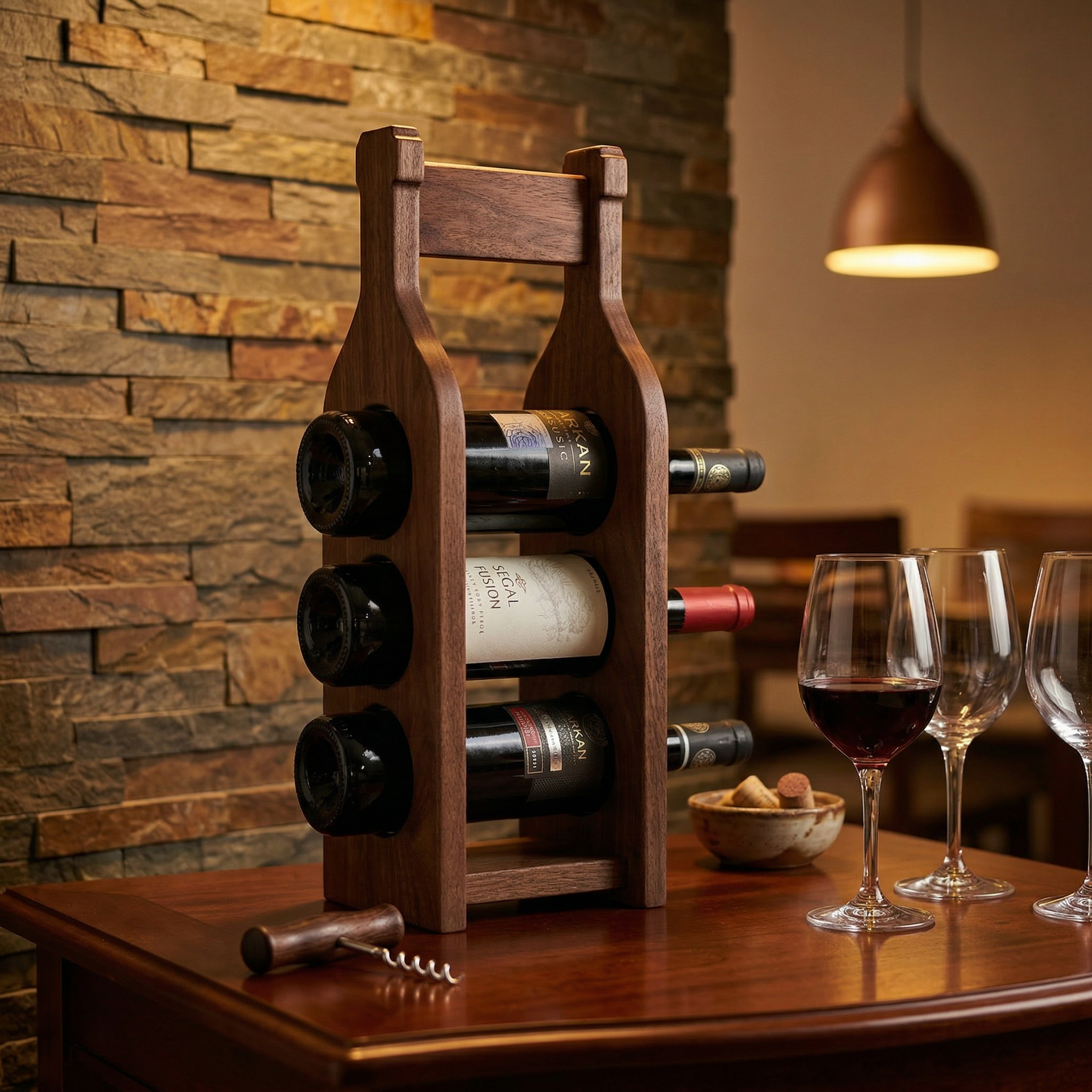 Handcrafted Walnut 3-Bottle Wine Rack