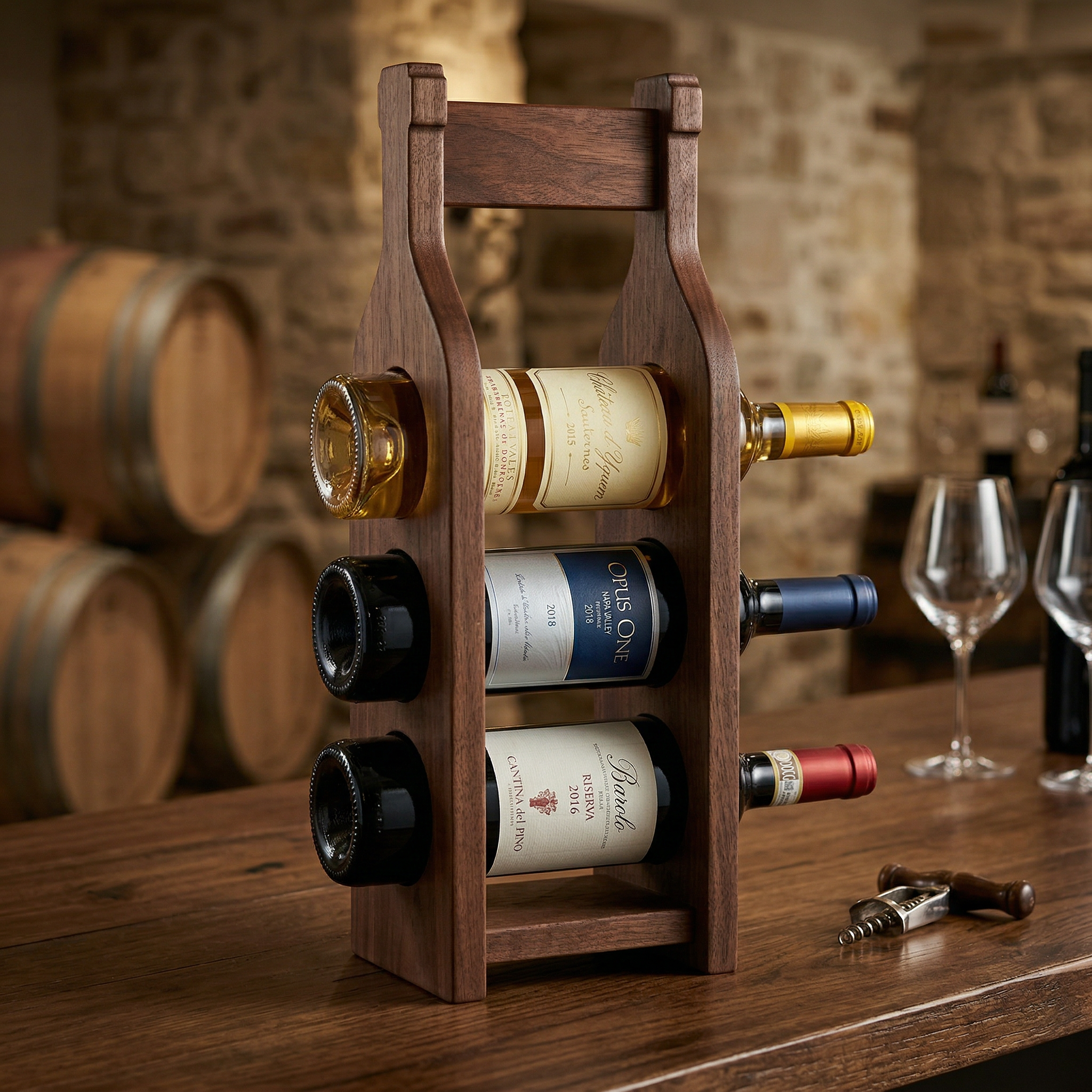 Handcrafted Walnut 3-Bottle Wine Rack